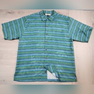 Tommy Bahama Shirt Mens Large Green Short Sleeve Button Up Striped All Silk